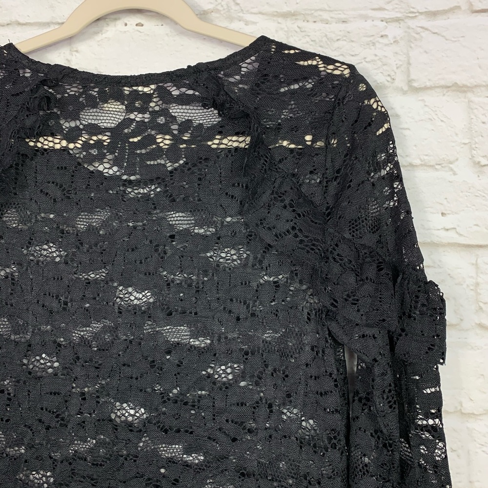 Everly Black Lace Ruffled Shoulder Sheer Dress - Picture 3 of 5